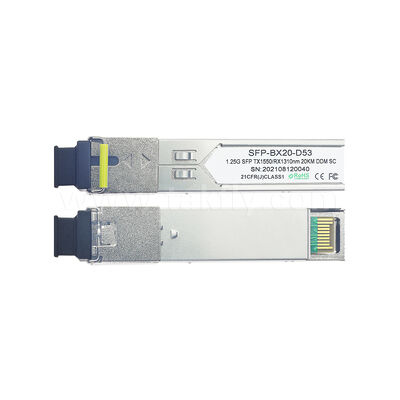 โมดูลรับส่งสัญญาณออปติคอล SFP 1.25Gbps 20KM SC แบบสองทิศทาง สำหรับ Data Center FTTH FTTX