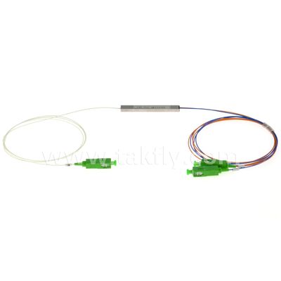 สายไฟเบอร์ออปติก PLC Splitter 0.9mm จุดออกสี Mini Steel Tube SC APC / UPC สําหรับศูนย์ข้อมูลโทรคมนาคม FTTX