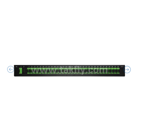 1U Rack Mount PLC Optical Splitter ′′ 19" แผนที่ G657A1 แบบเดียว SC/APC สําหรับการกระจายสัญญาณออปติก