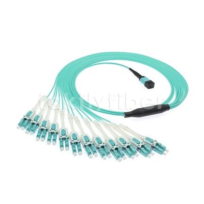 MPO/MTP Patchcord Fanout Uniboot LC Multimode OM3 Breakout สายไฟเบอร์ออปติกสําหรับศูนย์ข้อมูล