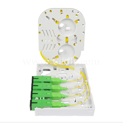 กล่องพักสายไฟเบอร์ออปติก TKS-1806-04D FTTH - สำหรับตั้งโต๊ะ/ติดผนัง, 4 พอร์ต, ภายในอาคาร, รองรับการเชื่อมต่อแบบหลอมและจัดการสายเคเบิล