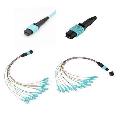 12/24 Cores MPO ถึง LC Harness Fiber Cable สายแพทช์ MPO, OM3, Aqua