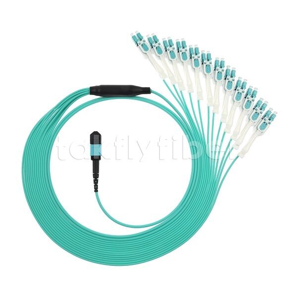 MPO/MTP Patchcord Fanout Uniboot LC Multimode OM3 Breakout สายไฟเบอร์ออปติกสําหรับศูนย์ข้อมูล